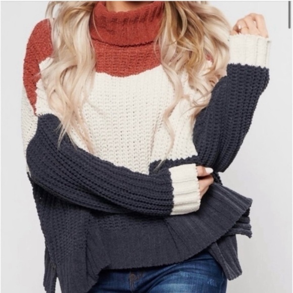 POL Sweaters - POL Oversized Chenille Chunky Knit Color Block Turtleneck Sweater Size Medium